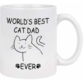 Cana alba din ceramica, cu mesaj, pentru iubitorii de pisici, Best cat dad ever, model 5, 330 ml